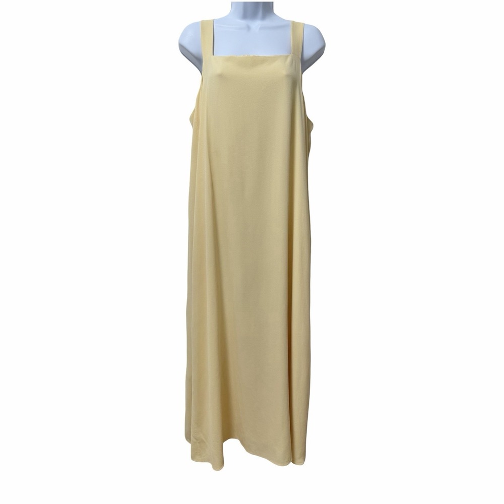Eileen Fisher Silk Georgette Crepe Square Neck Midi Dress Size L Butter Yellow